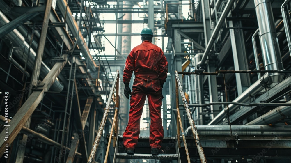 Fototapeta premium Man in work clothes wearing red jumpsuit, helmet and engineering tools standing on stairs, construction site.