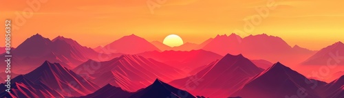 A beautiful landscape of a mountain range at sunset. The sky and mountains are various shades of pink  orange  and red.