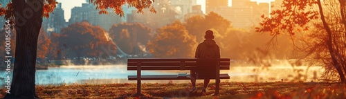 A young man sits on a park bench and gazes out at the lake photo