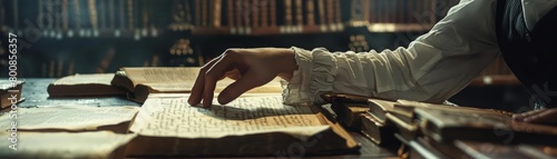 A scholar in a dimly lit library, surrounded by old books and manuscripts photo