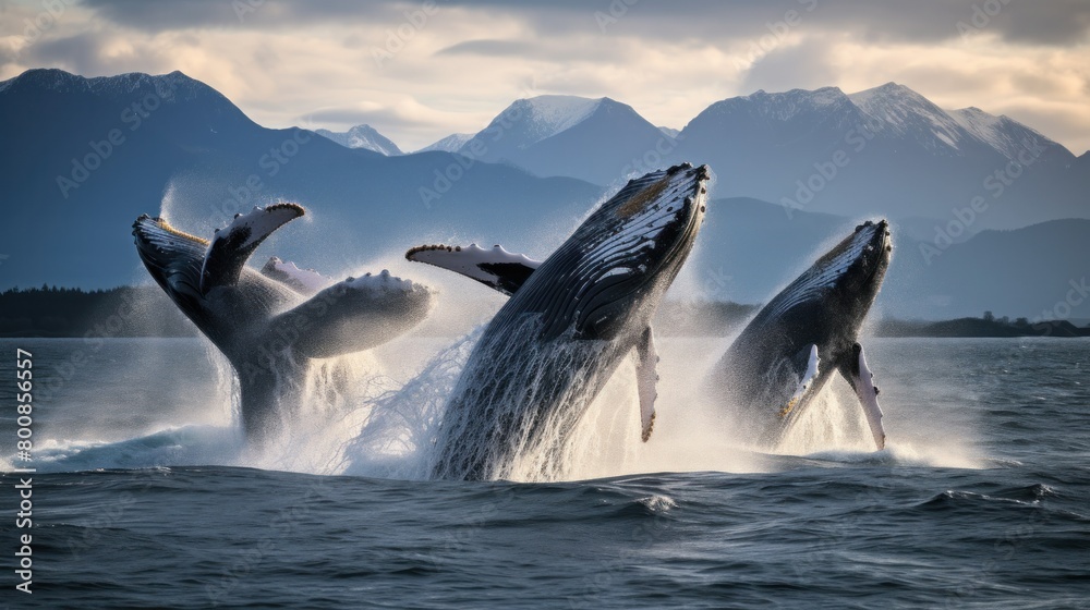 Fototapeta premium A herd of humpback whales breaks the surface of the water.