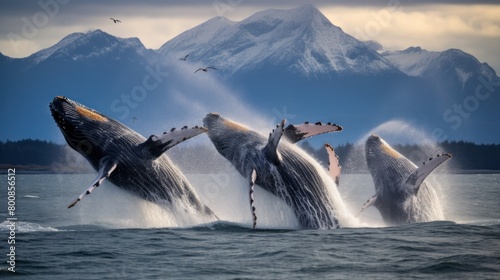 A herd of humpback whales breaks the surface of the water. photo