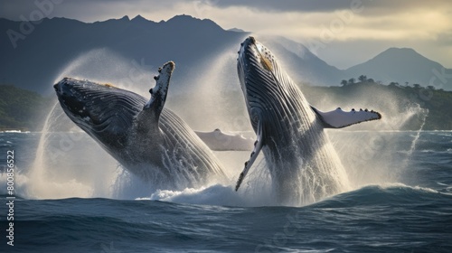 A herd of humpback whales breaks the surface of the water. photo