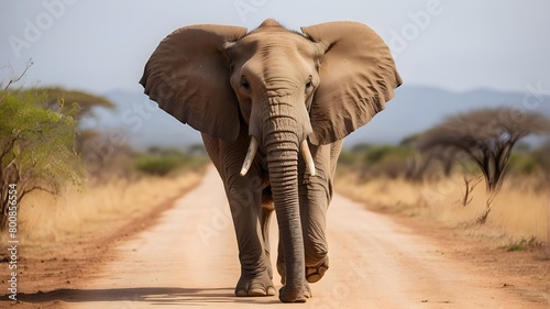 Walking on a dirt road, an African bush elephant (Loxodonta africana) lifts its foot and looks at the camera; Tanzania