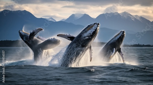 A herd of humpback whales breaks the surface of the water. © ORG