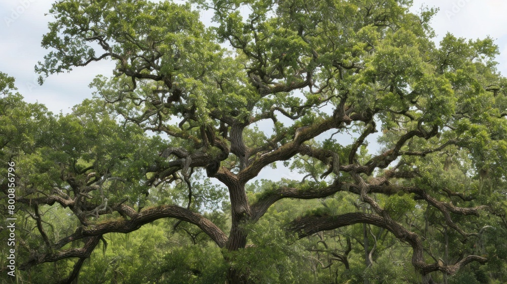 A tall oak tree with gnarled branches. Old trees in a forest landscape A tall oak tree with gnarled branches. Old trees in a forest landscape