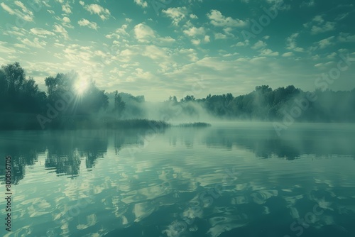 A beautiful misty lake in the early morning