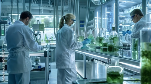 research scientist team working in a Photobioreactor in the laboratory of algae fuel, biofuel sustainability concept photo