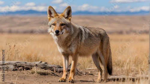 A vigilant Coyote  Canis latrans  at the Rocky Mountain Arsenal National Wildlife Refuge  located approximately 8 kilometers outside of Denver  Colorado  USA
