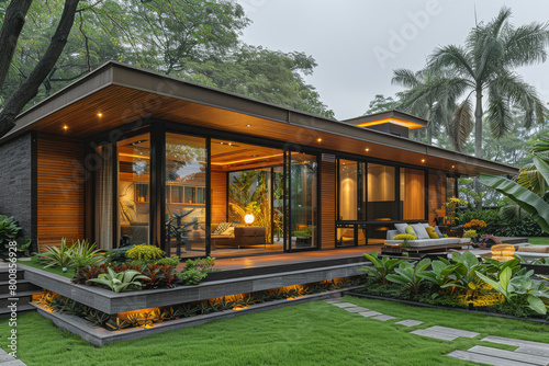  Modern small house in a tropical setting, with wooden and glass walls containing sliding doors leading to a lush green lawn outside. The exterior of the home is made from concrete and wood. 