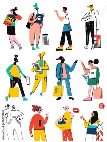 Individuals carrying bags, symbolizing travel, shopping, or daily routines, show varied emotions through their gestures and postures, adding life to scenes © beatriz