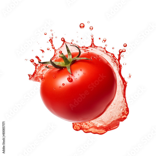 Fresh tomato with a vibrant splash of red juice, creating an energetic and juicy explosion, isolated on transparent background. Generative AI 