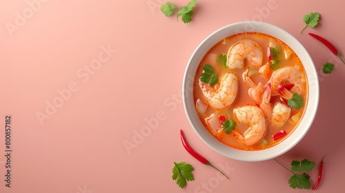 Asian meal tom yum with shrimp spicy soup with chili and coconut milk copy space