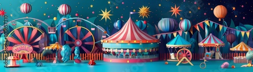 A whimsical and vibrant illustration of a carnival at night. The Ferris wheels, and colorful tents are all lit up, creating a magical atmosphere.