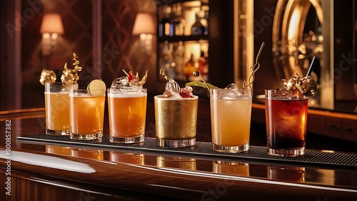 Beautiful golden row of cocktails on the bar