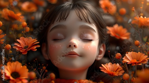   A young girl sleeps among flowers, eyes closed, head cradled by her hands © Nadia