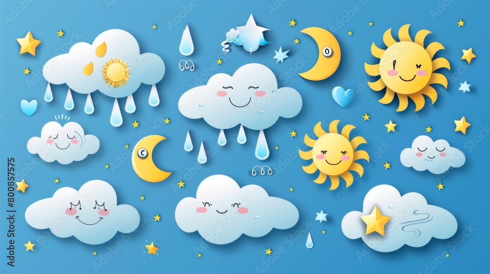 Discover a charming set of Plasticine 3D weather icons, featuring render-style suns, cumulus clouds, snowflakes, fluffy bubble clouds, wind symbols, and raindrops. This pithy isolated vector set adds 