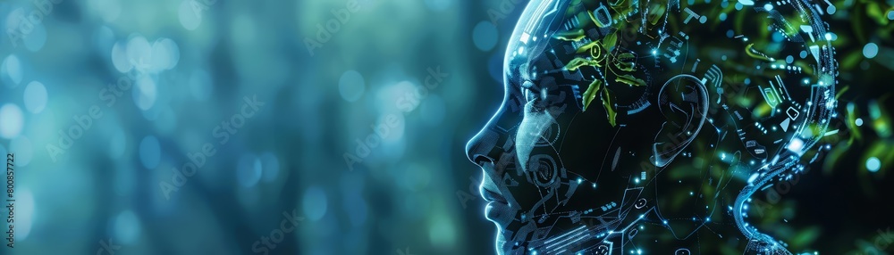 Enhance the image to show more details of the circuitry within the woman's head. Make the background a dark blue and add a glow the circuitry. Enhance the image to show more details of the circuitry within the woman's head. Make the background a dark blue and add a glow the circuitry.