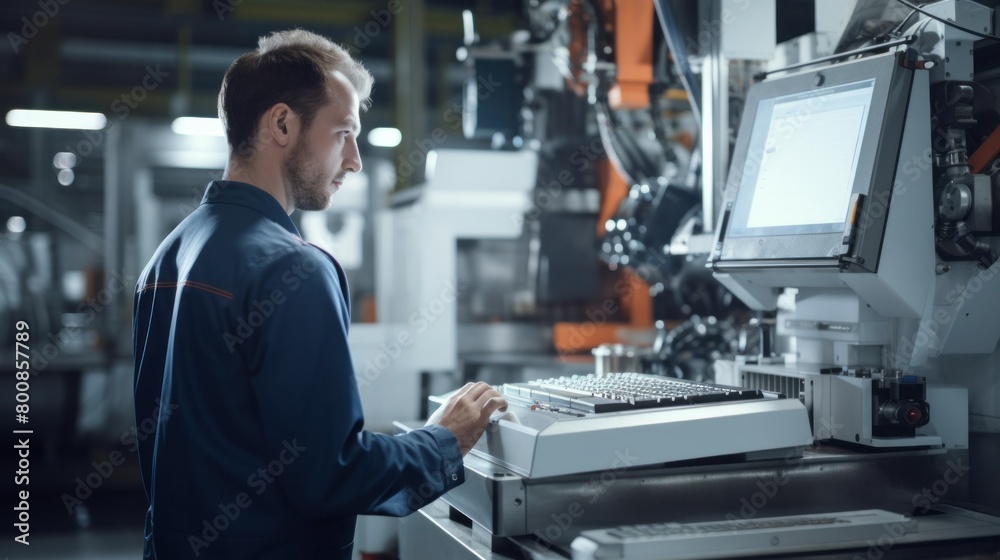 Professional mechanical engineer working on personal computer at metal lathe industry manufacturing plant.