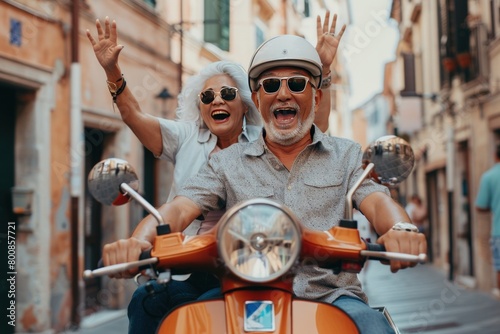Prompt happy senior couple riding on the scooter. Generate AI image