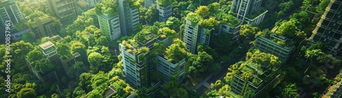 A city where nature and technology coexist. The buildings are covered in lush greenery, creating a beautiful and sustainable urban environment. © Sweettymojidesign