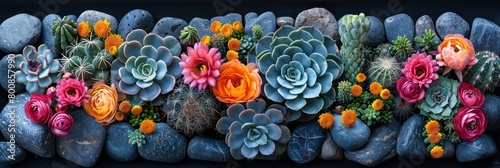 Create a sprawling montage capturing diverse desert cacti and delicate blooms, showcasing the vibrant beauty of arid landscapes. photo