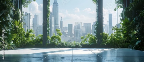 Photorealistic 3D rendering of a modern city with skyscrapers and lush greenery. The scene is viewed from a rooftop terrace with a glass wall.