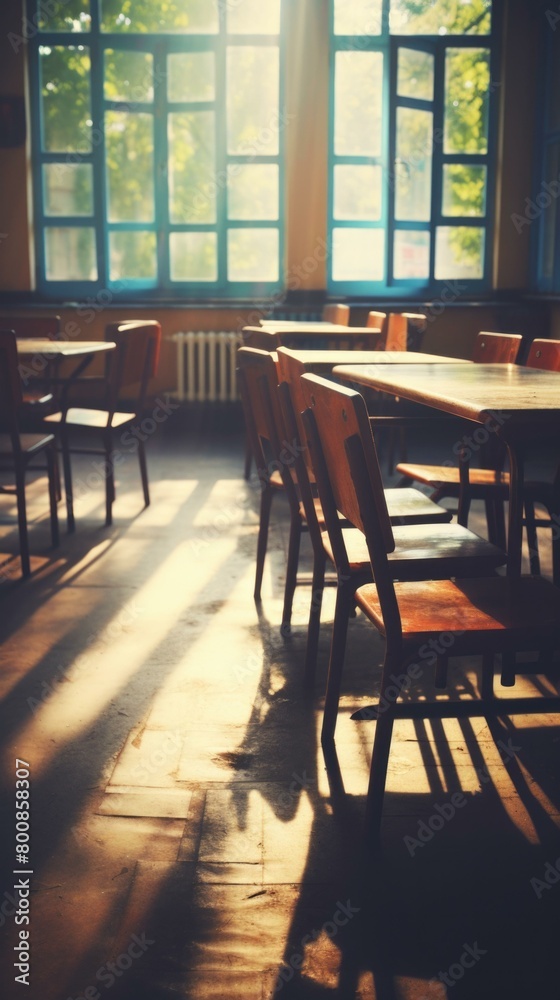 Empty classroom with sun shining through the windows. Generative AI.