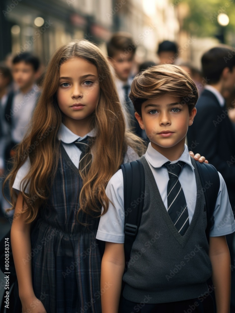 Two children in school uniforms standing in a crowd. Generative AI. Two children in school uniforms standing in a crowd. Generative AI.