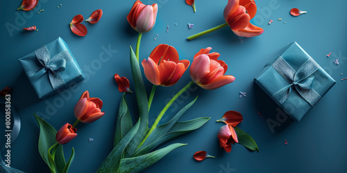 A flat lay composition of red tulips and blue gift boxes on a dark surface, with a serene aesthetic. #800858363