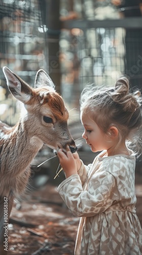 Little girl feeding a gentle deer in a petting zoo