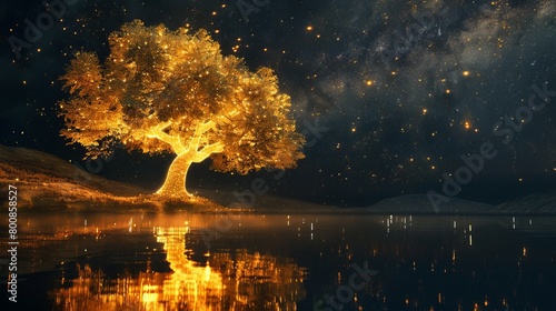 A tree with a golden trunk, set against a night sky with a lake reflecting the tree