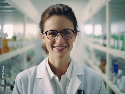 Woman wearing white lab coat and glasses is smiling at camera