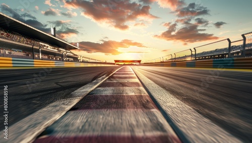 Racing car on a curved track with a stadium and sunlight. Generate AI image photo