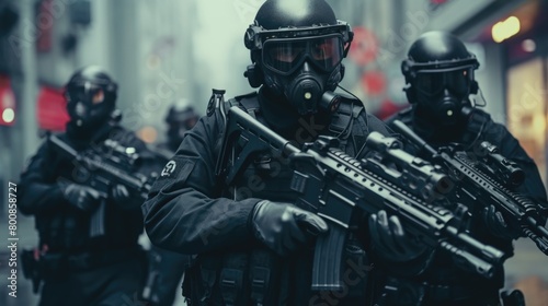 Three men in black uniforms with gas masks on their faces and holding guns