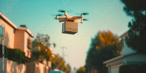 drone flying carrying a cardboard box package, flying over neighborhood, delivery concept.