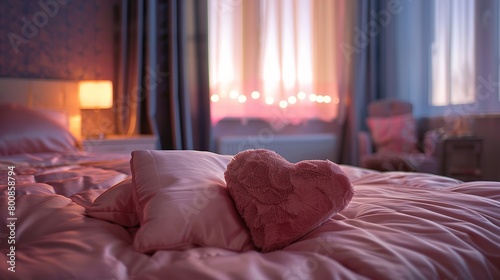 An indoor photo showcasing a hyper-realistic view of a modern bedroom. The focus is on the pink satin bedding on the bed, along with a pink heart-shaped cushion.