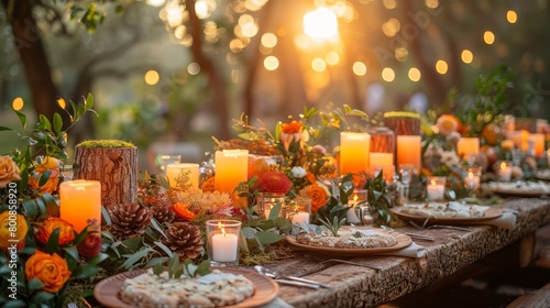  A wooden table laden with numerous dishes of food stands near a forest The woodland scene is adorned with an abundance of candles and flowers