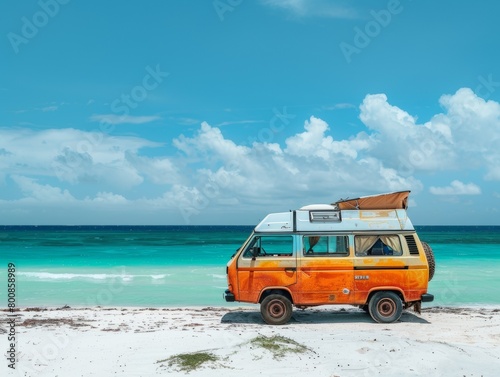 Miniwan on the seashore. Family couple on a trip. Vacation and rest. Freedom of movement. Summer time of the year.