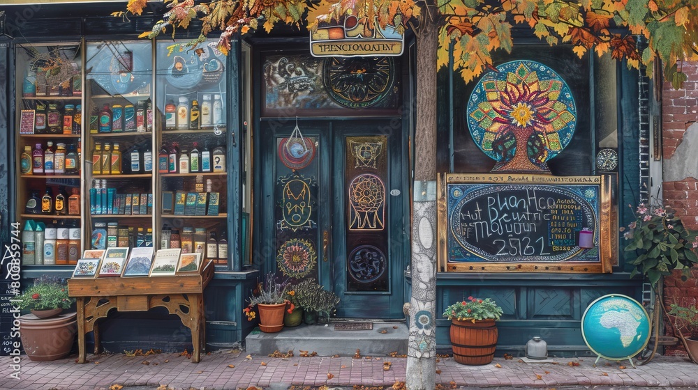 An artistic pastel drawing depicting a street shop with signs reading 'Healing Time' and 'How to Heal Yourself' on a chalkboard. 