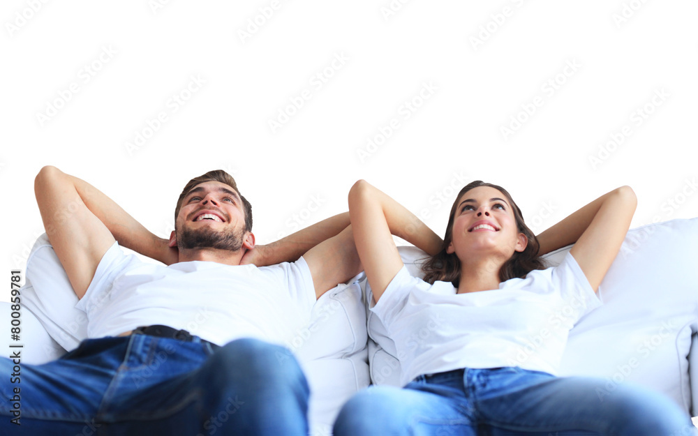 Relaxed young couple resting and dreaming about new home on comfortable sofa together on a transparent background Relaxed young couple resting and dreaming about new home on comfortable sofa together on a transparent background