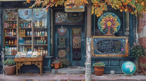 An artistic pastel drawing depicting a street shop with signs reading 'Healing Time' and 'How to Heal Yourself' on a chalkboard. 
