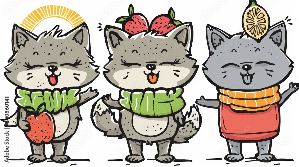 Fototapeta premium Three cats wear scarves; one is adorned with a strawberry-patterned scarf and holds a strawberry, while another sports a lemon-patterned headpiece