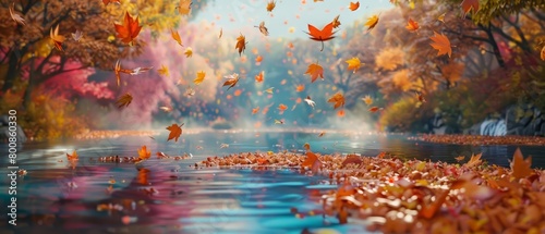 A beautiful autumn landscape with a river flowing through a forest. The trees are in full fall foliage and the leaves are falling in the water.