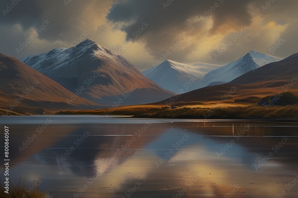 Reflection of mountain in the calm lake, lake in the mountains, sunrise over the mountains, reflection of sun on mountains in the morning, reflection