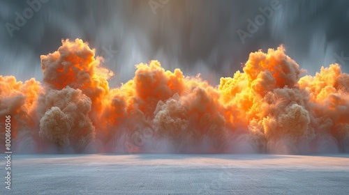   A collection of clouds in the sky emitting considerable amounts of orange smoke from their upper portions photo