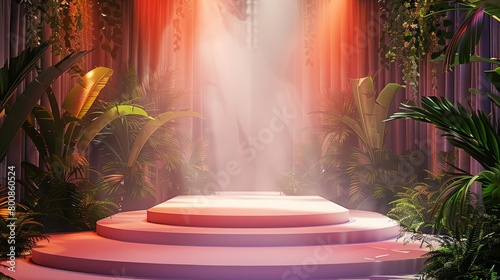 Fototapeta Naklejka Na Ścianę i Meble -  A spotlight shines down on an empty stage in the middle of a lush jungle