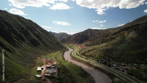 Aerial above Colorado River and highway I70 in Glenwood Springs Colorado in springtime photo