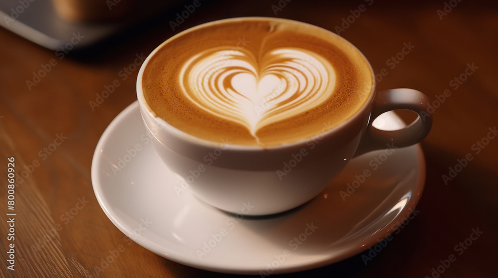 Heart-shaped latte art, Close-up on a white coffee cup Heart-shaped latte art, Close-up on a white coffee cup