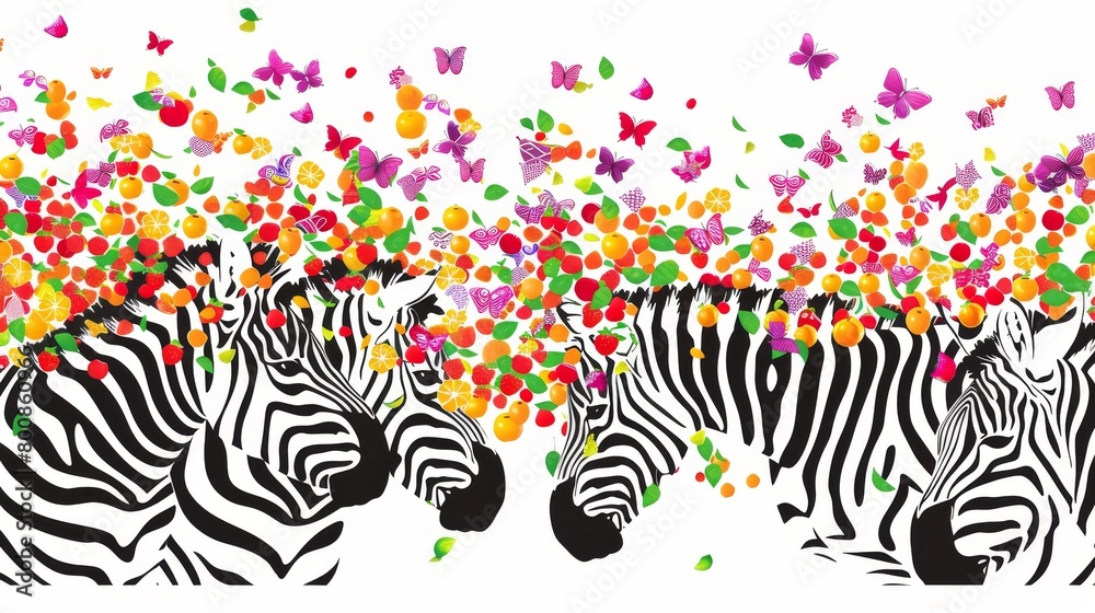 Fototapeta premium A gathering of zebras aligned beside one another, facing a gaggle of butterflies and confetti